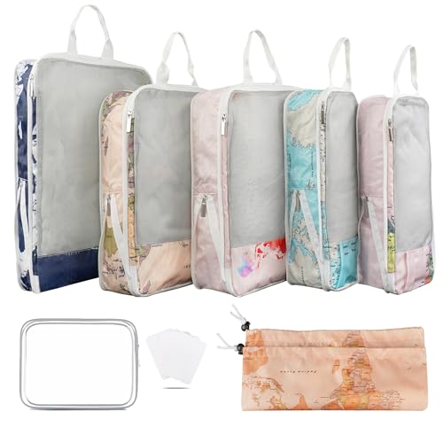 7 Pcs Compression Packing Cubes Travel for Suitcases, Luggage Organizer Washable Storage Bags Set for Backpack Travel- Packaging Cubes for Carry-Ons and Storage - color: light yellow and pink