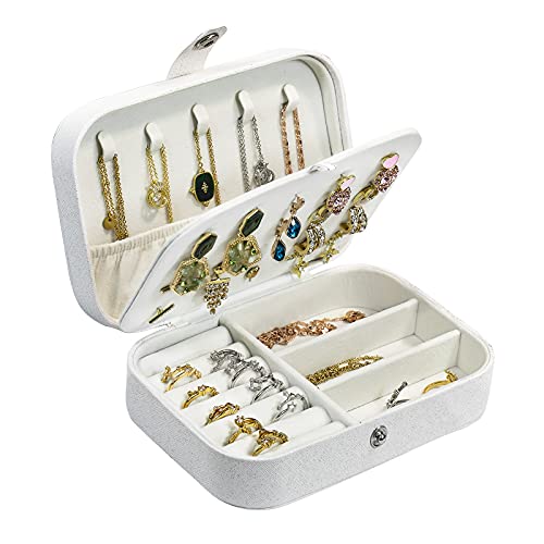 Hatori Travel Jewelry Box, PU Leather Small Jewelry Organizer for Women Girls, Double Layer Portable Mini Travel Case Display Storage Holder Boxes for Stud Earrings, Rings (Glitter White) - color: Glitter White