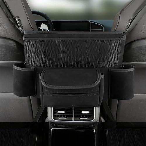 Car Organizer, Leather Large Capacity Car Purse Holder Between Seats, Seat Back Net Bag Double-sided Tissue Storage Handbag Holder Car Divider (Black) - color: Black