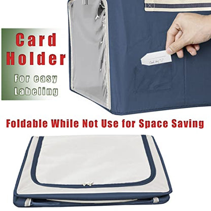 Clothes Storage Box Bins Stackable Foldable Organizer,Sturdy Handles with Metal Frame for Clothing Bedding Shelves,Closet Container with Clear Window Zipper and Label Holder (Navy, 40L x3 Pack) - color: Navy, 40L x3 Pack