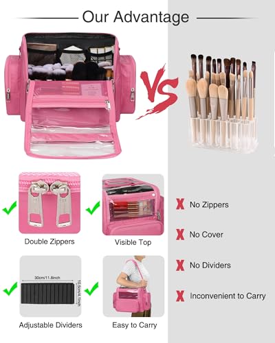 NAONAYA Pink Makeup Brush Bag, Clear Makeup Brush Holder with Lid, Extra Large Capacity Travel Cosmetic Bag Makeup Artist Must Haves,Make Up Organizers and Storage, with Adjustable Dividers - color: Pink