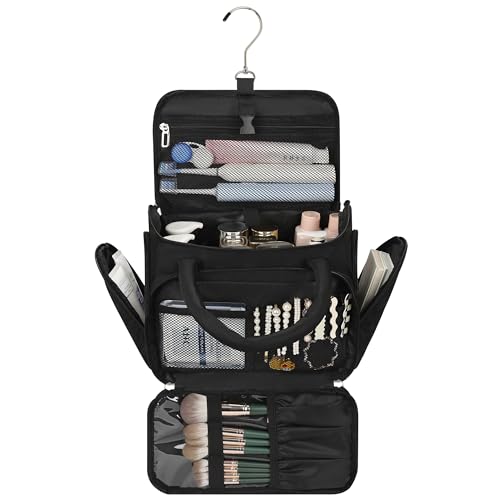 Hanging Toiletry Bag for Women - Travel Makeup Organizer with Brush Compartment, Portable Cosmetic Case with Removable Dividers for Full-Size Container, Lightweight Travel Bag for Trip - Black - color: Black, size: X Large