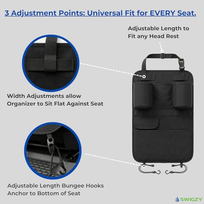 Swigzy Premium Seat Back Organizer Water Bottle Holder & Kick Mat Protector | Large Water Bottle Holders, Cordura Nylon, Laptop Pocket, Sag-Free Adjustable Fit