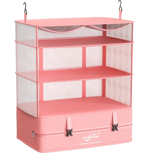 Compressible Packing Cubes Portable Hanging Closet Shelves 17"x12"x24" Extendable Travel Organizer Nylon Packing Bags for Suitcase - color: Pink