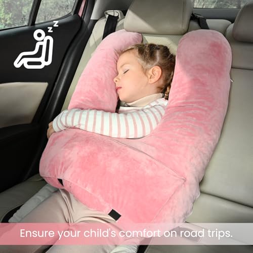 Travel Pillow, Car Pillow for Kids & Adults, Kid Travel Sleeping Pillows for Neck & Body Support, Car Travel Essentials Pillow on Road Trips, Pink - color: Pink
