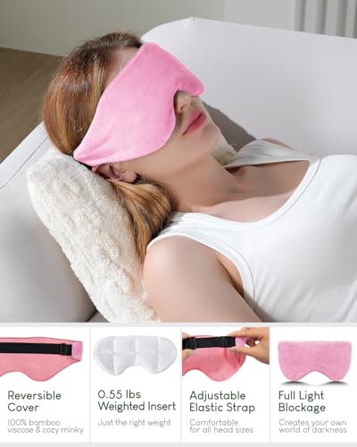 Sivio Weighted Eye Mask for Women & Men, Heatable and Freezable Weighted Eye Pillow with Silica Beads & Adjustable Strap, Soft Breathable Cotton Eye Cover for Sleeping Faster and Better, Pink - color: Pink