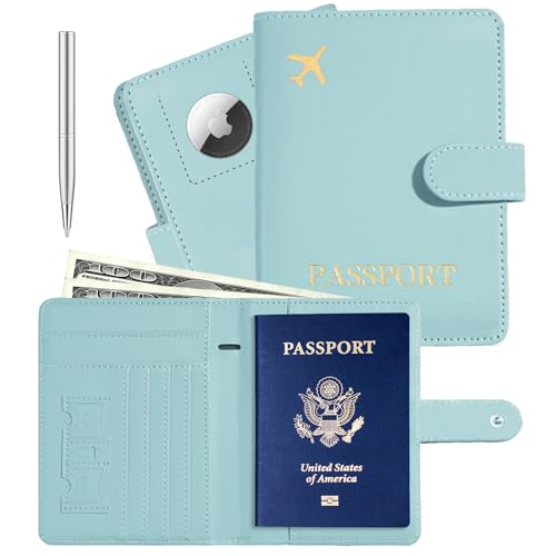 Passport Holder with Airtag Slot Cards Cash Air Ticket Pocket, Travle Gifts for Women Men RFID Blocking Wallet, Passport Book Cover Case Light Cyan - color: Light Cyan