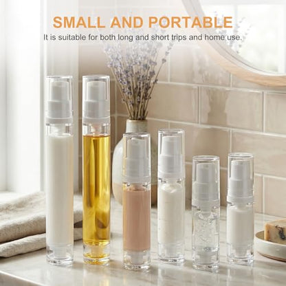 6pcs Airless Travel Pump Bottle, Clear Empty Refillable Vacuum Pump Bottle, 5ml 10ml 15ml Plastic Press Lotion Travel Container for DIY Cosmetic Foundation Toiletries - color: White