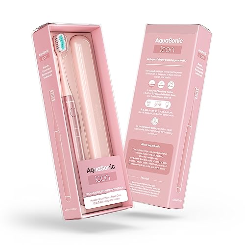 Aquasonic Icon ADA-Accepted Rechargeable Toothbrush | Magnetic Holder & Slim Travel Case | 2 Brushing Modes & Smart Timers | Gentle Micro-Vibrations (Blush) - color: Blush