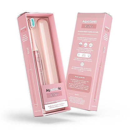 Aquasonic Icon ADA-Accepted Rechargeable Toothbrush | Magnetic Holder & Slim Travel Case | 2 Brushing Modes & Smart Timers | Gentle Micro-Vibrations (Blush) - color: Blush