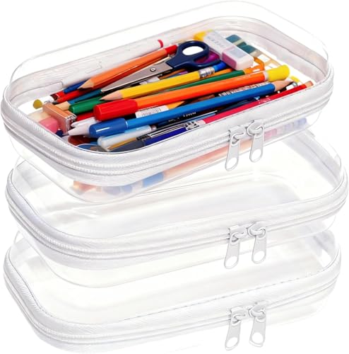 3PCS Clear Hard Plastic Zipper Case, Double Zippers Hard Pouch, Portable Travel Organizer Bin Clear Makeup Bag for Toy Storage, Snack Bag, Cosmetics, Diaper Bag, Toiletry Bag (3PCS-S) - color: 3PCS-S