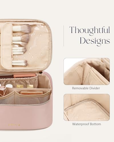 Prite Makeup Bag, Large Capacity Cosmetic Bag for Women and Girls, Waterproof PU Leather Travel Makeup Case, Toiletry Organizer with Handle and Divider for Skincare and Brushes - Pearl Pink - color: Pearl Pink