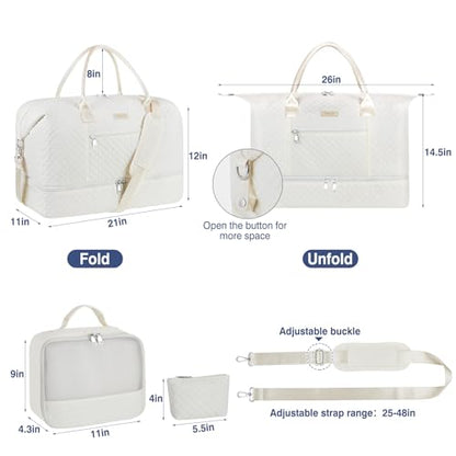 ITIEZY Weekender Overnight Bag for Women - Large Travel Duffel Bag with Shoe Compartment, Gym Duffel Bag Hospital Bag Carry On Tote Bags for Airplanes with Crossbody Bag Toiletry Bag 3Pcs Set - color: 9A-Off White
