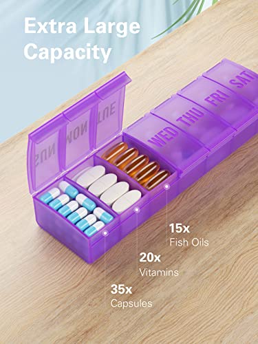 Large Pill Organizer Weekly, Barhon Vitamin Case Box Large Capacity Compartments, 7 Day Pill Containers for Medicine Supplements Fish Oil - color: Purple