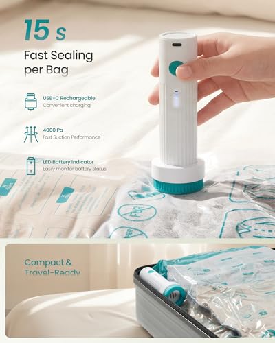 SONGMICS Vacuum Storage Bags, Rechargeable Portable Electric Pump, Space Saver Vacuum Seal Suction Bags for Clothing Travel Bedding, Reusable, 9 Pack, 3S/3M/3L, Transparent ULVB201W101 - style: 3S+3M+3L+USB Pump