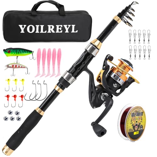 Yoilrey Fishing Rod and Reel Combo – 5.9ft Telescopic Fishing Pole Starter Kit with Spinning Reel, Fishing Line, Lure Box & Tackle Bag for Travel - color: Single Black and Gold