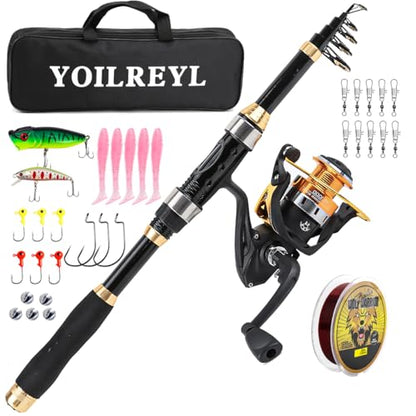 Yoilrey Fishing Rod and Reel Combo – 5.9ft Telescopic Fishing Pole Starter Kit with Spinning Reel, Fishing Line, Lure Box & Tackle Bag for Travel - color: Single Black and Gold