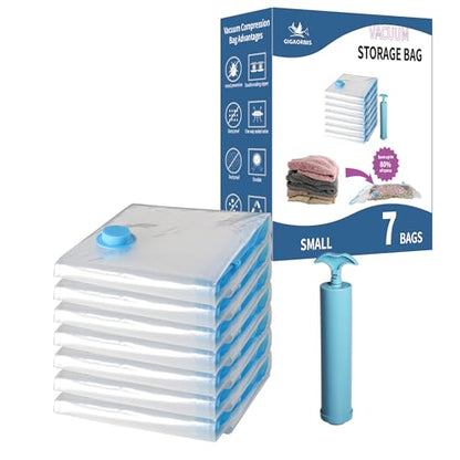 7 Pack Small Space Saver Vacuum Storage Bags | Vacuum Sealed Compression Bags With Hand Pump, Space Saving For Travel, Clothing, Packing, Sweaters, Shirts and Scarves - size: 7-Small