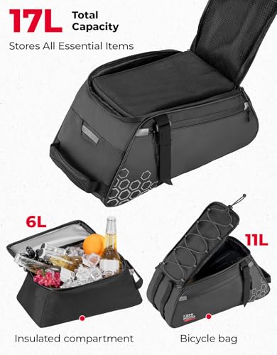 KEMIMOTO 11L Bike Bag with 6L Removable Cooler Bag, Bike Rear Rack Bag PVC Water Resistant Insulated Bag, Bicycle Trunk Pannier with Shoulder for Cycling Ebike Back Seat Storage - style: 17l