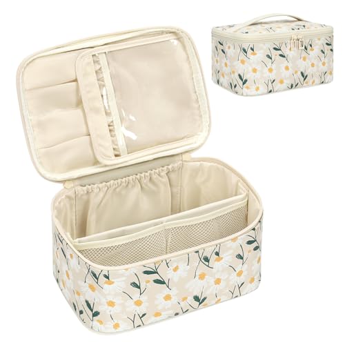OCHEAL Makeup Bag,Travel Makeup Organizer Bag, Cute Cosmetic Bags for Women Girls Travel Toiletry Bag Traveling With Brush Slot And Divider-Floral - color: 0011_ Little Daisy, size: Medium