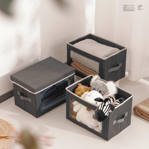 Homsorout Storage Bins with Lids - Fabric Storage Boxe with Window, Collapsible Closet Organizers with Handles, 3 Pack Decorative Bin, Home Cubes Baskets for Clothes, Hat, Books, Dark Grey - color: Dark Grey, size: L(3-Pack)