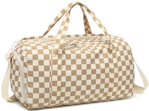 Gym Bag Sports Duffle Bag with Wet Pocket Weekender Overnight Bag with Waterproof Shoe Pouch and Air Hole for Girls Kids Women Travel Workout Bag - color: Brown checkered