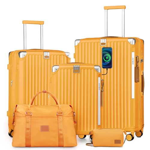 Joyway 5 Piece Luggage Set with Cup Holder, Expandable 25% Capacity, Includes Handbag, Anti Slip Wheels, Hook, Smart Carry On Suitcase for Men and Women, Spinner Travel Orange - color: Orange, size: 5 piece set (20/24/28inch-Handbag)