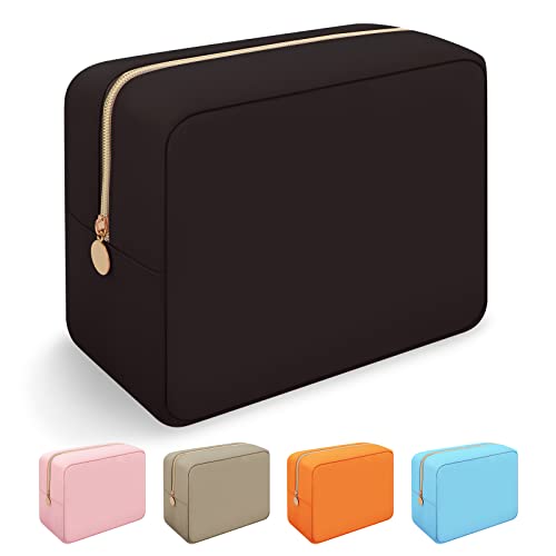 Iqimott Nylon Large Makeup Bag Travel Pouch, Preppy Big Cosmetic Bag Makeup Organizer Nylon Large Capacity Toiletry Bag, Waterproof Large Zipper Pouch Storage Bag for Women Girls Teens(Black) - color: Black, size: Large
