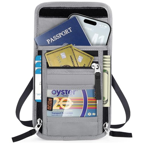 Travel Neck Wallet with RFID Blocking & Passport Holder - Large Capacity Hidden Pouch for Phone, Cash, Cards, ID | Slim Fit, Anti-Theft Organizer for Airports, Sightseeing - color: Grey