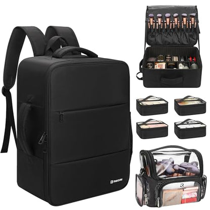 Relavel Makeup Bag Travel Train Case Makeup Backpack with 4 Clear Bags & Makeup Brush Case, Professional Makeup Artist Kit Set Bags, Cosmetics Storage Organizer Box with Adjustable Dividers, Black - color: Black with clear brush case