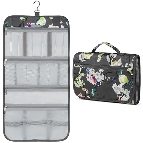 PAVILIA Hanging Toiletry Bag for Women Men, Large Foldable Toiletries Organizer with Hook, Water-Resistant Makeup Cosmetic Rollup Case, Clear Pockets for Bathroom, Gym, Cruise (Floral Grey) - color: Grey Floral