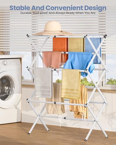 APEXCHASER Oversize Clothes Drying Rack, 3-Tier Drying Rack Clothing, Expandable Metal Laundry Drying Rack, Air Drying Rack, Clothes Rack, No install, 24lb Capacity, 14.9" D x 29.3" W x 39.3" H, White - color: White