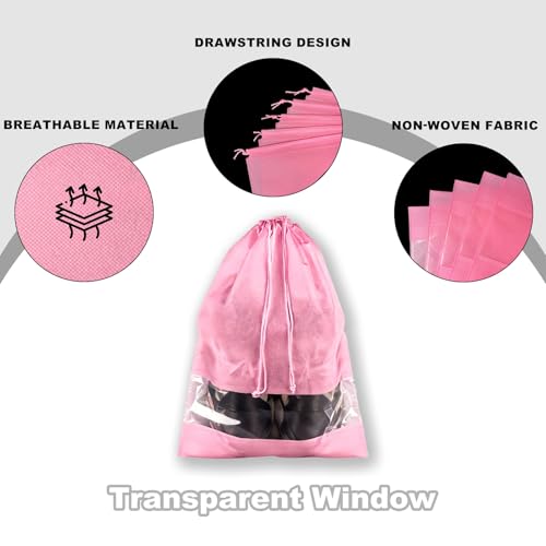 20 Pack Shoe Bags for Travel, 17" x 12.6" Drawstring Shoe Organizers with Clear Window, Breathable Non-Woven Dustproof Pouches for Luggage & Closet (Pink) - color: Pink