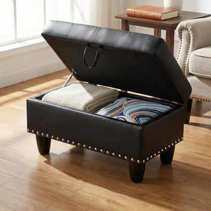 28.5 Inch Storage Ottoman Bench with Hidden Storage, PU Leather Upholstered Foot Rest Stool, Tufted End of Bed Bench for Bedroom Living Room, Easy to Clean, Black - color: Black