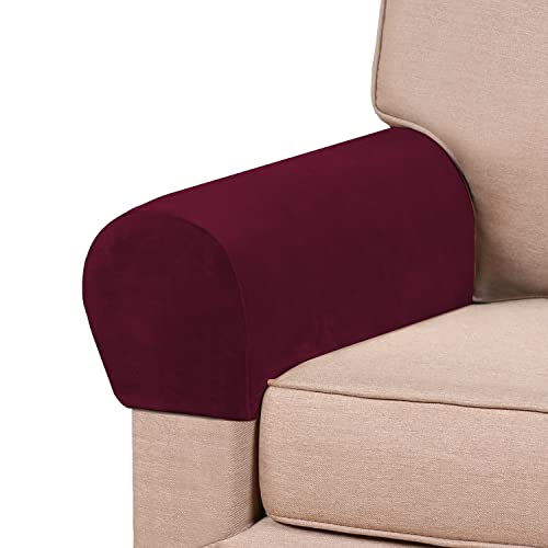 PrinceDeco 2 Pack Thick Velvet Stretch Armrest Covers for Chairs and Sofas - Non Slip Armchair Protectors, Burgundy - color: Burgundy