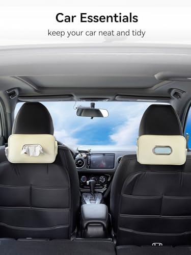 2 Pack Multi-Functional Car Tissue Holder with ‌2 Tuck Nets, Upgraded PU Leather Tissue Box Cover, Large Rectangle Napkin Storage Organizer, Keep Car Tidy, Beige - color: 2pack Beige