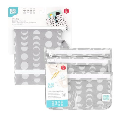 Bumkins - Waterproof Wet Bag & Clear Travel Bags - For Beach, Baby, Travel, Swim Suit, Cloth Diapers, Pump Parts, Pool, Gym, Toiletries - Reusable & Easy to Clean - Lunar Gray - 4 Pack - color: A7 Lunar Gray-4