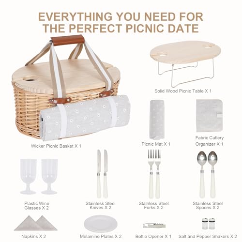 Picnic Basket Set for 2 - Wicker Insulated Picnic Basket with Waterproof Blanket, Folding Wine Picnic Table & Cutlery Kits, Picnic Baskets Kit for Camping, Outdoor, Valentine (White Flower)