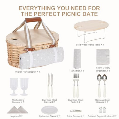 Picnic Basket Set for 2 - Wicker Insulated Picnic Basket with Waterproof Blanket, Folding Wine Picnic Table & Cutlery Kits, Picnic Baskets Kit for Camping, Outdoor, Valentine (White Flower)