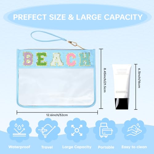 Chenille Letter Clear Zipper Pouch for Travel Preppy Patch Makeup Bag-Nylon Cosmetic Preppy Makeup Waterproof Organizer Bag Set for Women Valentines Bag (BL-BEACH) - color: BL-BEACH