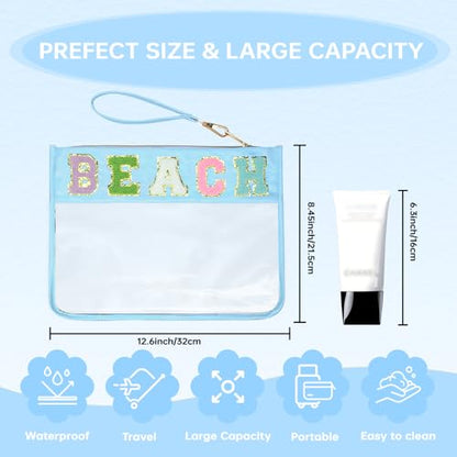 Chenille Letter Clear Zipper Pouch for Travel Preppy Patch Makeup Bag-Nylon Cosmetic Preppy Makeup Waterproof Organizer Bag Set for Women Valentines Bag (BL-BEACH) - color: BL-BEACH