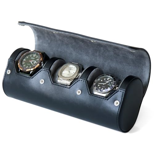 watch box organizer for mens watch case travel roll Portable 3 Watch Display Storage with Velvet Sections to Holder Large Watch (Black) - color: Black