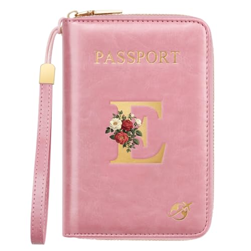 Passport Holder for Travel Personalized Passport Holder Initial Letter Rose Flower RFID Blocking Travel Wallets Credit Cards Holder for Women Men, Pink E - color: Pink, size: E