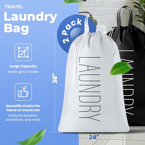 Extra Large Travel Laundry Bag - 2-Pack Fun Print Design Bags for Dirty Clothes - Durable Water-Resistant Fabric - Sturdy Drawstring Closure (Black-White | Laundry) - color: Black-white | Laundry