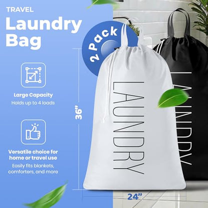 Extra Large Travel Laundry Bag - 2-Pack Fun Print Design Bags for Dirty Clothes - Durable Water-Resistant Fabric - Sturdy Drawstring Closure (Black-White | Laundry) - color: Black-white | Laundry