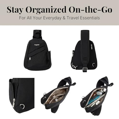 Baggallini Medium Sling Backpack - 9"x11" Lightweight Sling Bag with Convertible Adjustable Shoulder Strap - color: Black