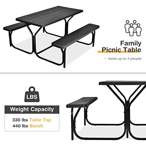 COSTWAY Outdoor Picnic Table, HDPE Plastic Picnic Table Bench Set with Weather Resistant Tabletop & Wood Texture, Ideal for Patio, Backyard (59" D x 54" W x 28.5" H,Black) - color: Black