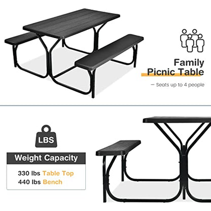 COSTWAY Outdoor Picnic Table, HDPE Plastic Picnic Table Bench Set with Weather Resistant Tabletop & Wood Texture, Ideal for Patio, Backyard (59" D x 54" W x 28.5" H,Black) - color: Black