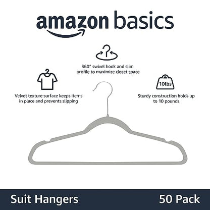 Amazon Basics Slim Velvet Non-Slip Space Saving Suit Clothes Hangers, Closet Organizer, Gray/Silver, 50-Pack - color: Gray/Silver, size: Pack of 50