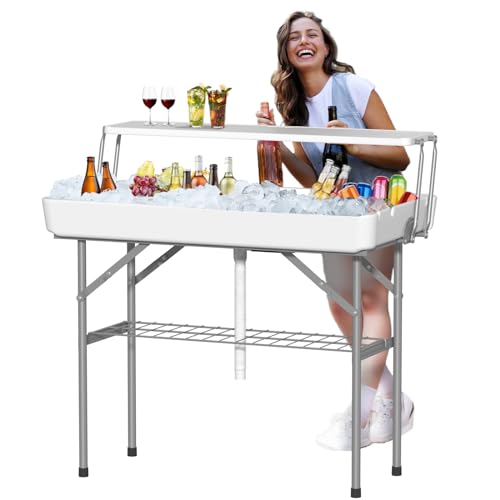 Ice Cooler Table with Drain, Two-Tier Plastic Folding Tables, with Removable Matching Skirt and Shelf, Indoor Outdoor Use for Party Camping Picnic Fishing Cleaning, 440 lbs Capacity - style: Fish cleaning ice table two tier